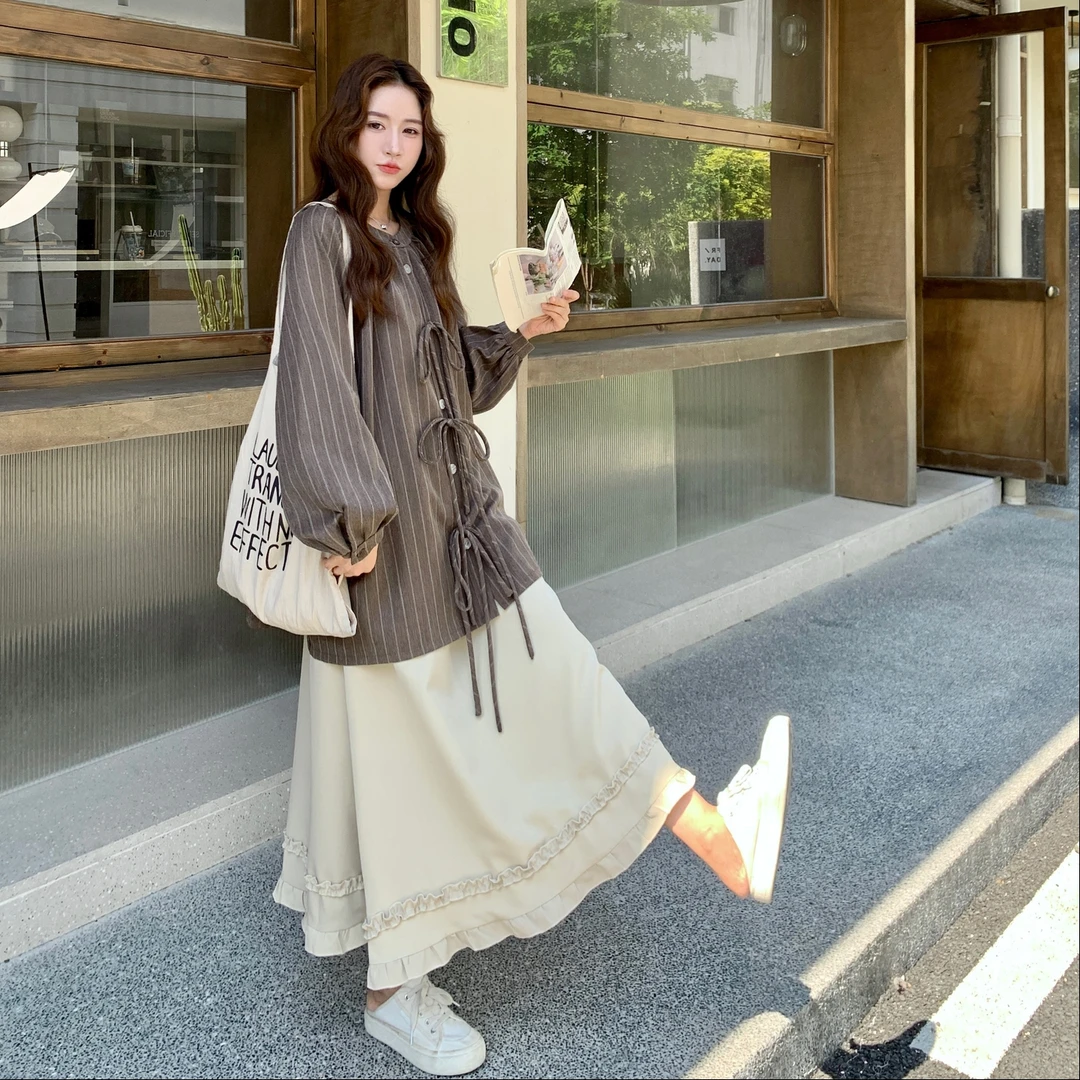 文艺针织条纹圆领系带衬衫花边半裙套装女2025气质减龄显瘦两件套