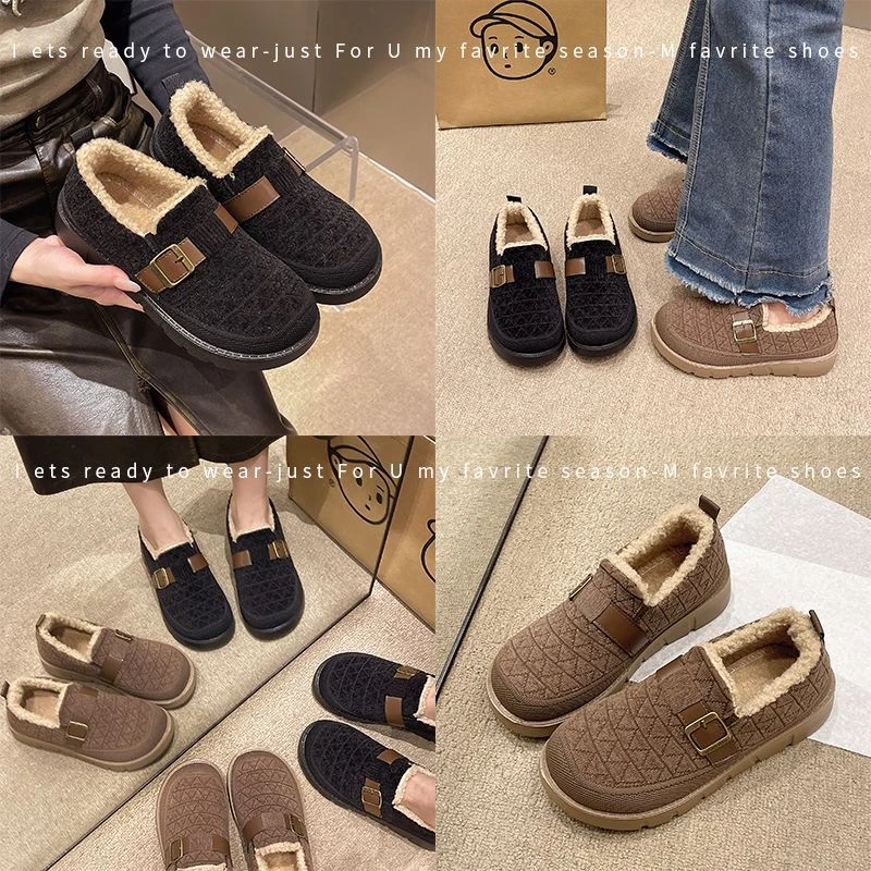 勃肯鞋女新款冬季加绒加厚保暖毛毛鞋老北京布鞋女软底舒适豆豆鞋