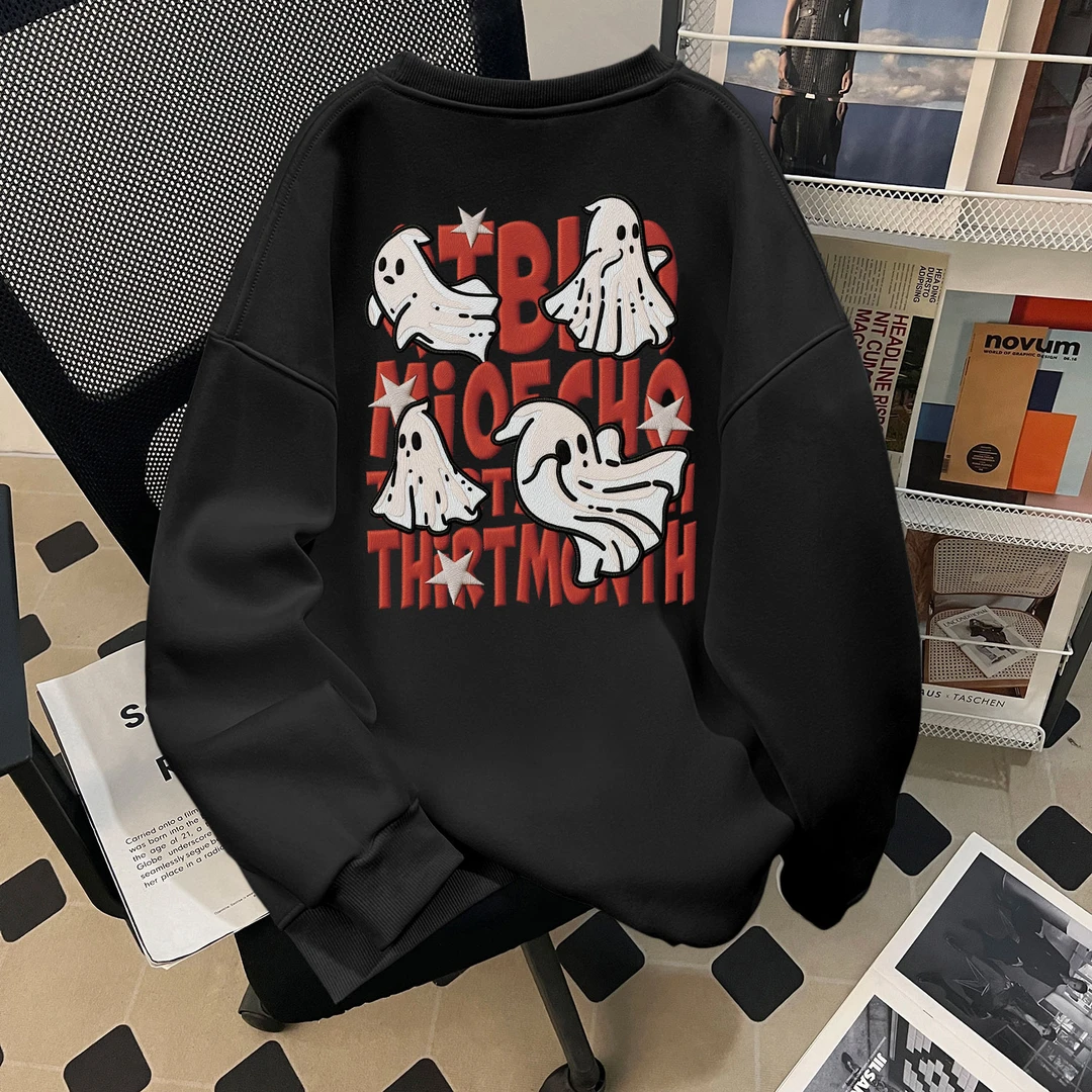 秋季新款男童圆领卫衣美式潮牌复古卡通小幽灵仿刺绣中大童上衣服