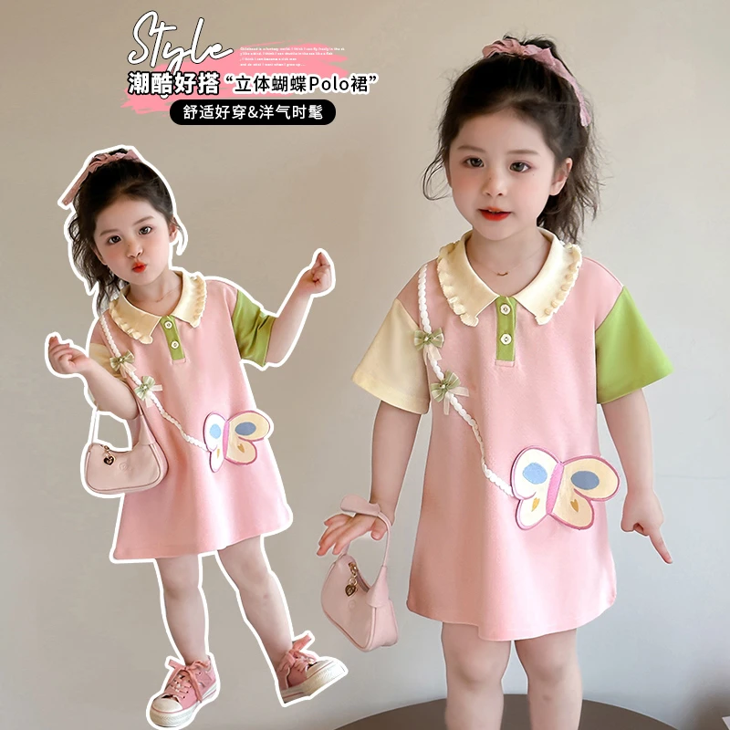 夏季女童甜美洋气立体蝴蝶花边领撞色polo连衣裙