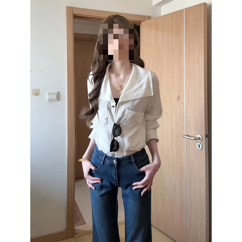 2025新款女士早秋季时尚穿搭休闲宽松百搭长袖衬衫上衣高腰牛仔裤