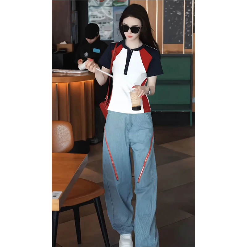 2025夏季个性短款半开领短袖t恤上衣竖条纹窄版直筒裤子两件套装