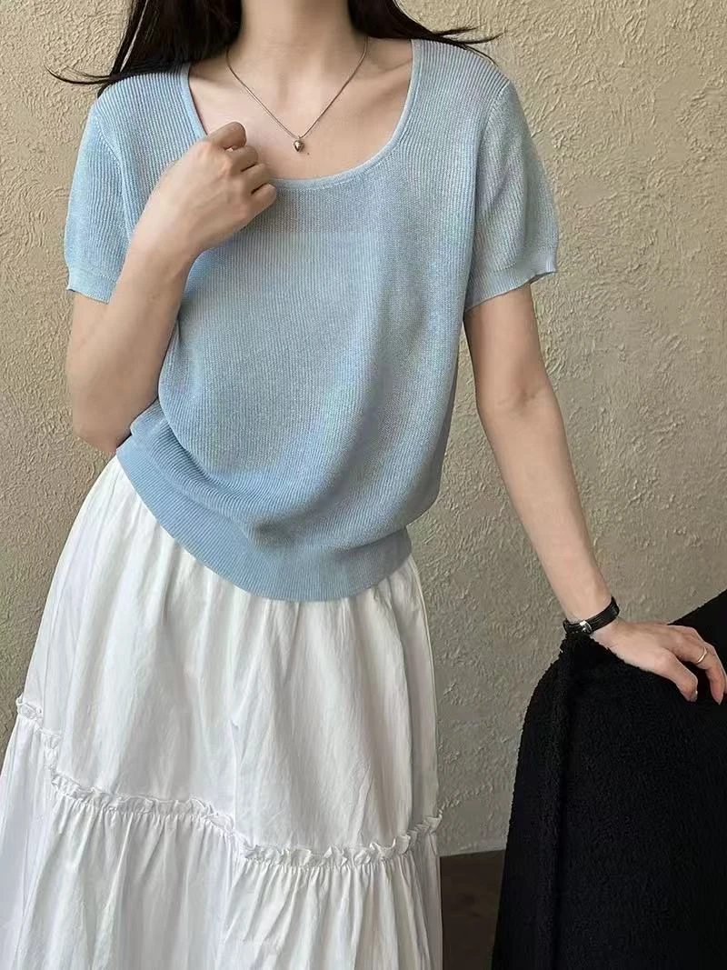 胸92-180长50通勤方领短袖毛针织衫气质法式纯色百搭 9359