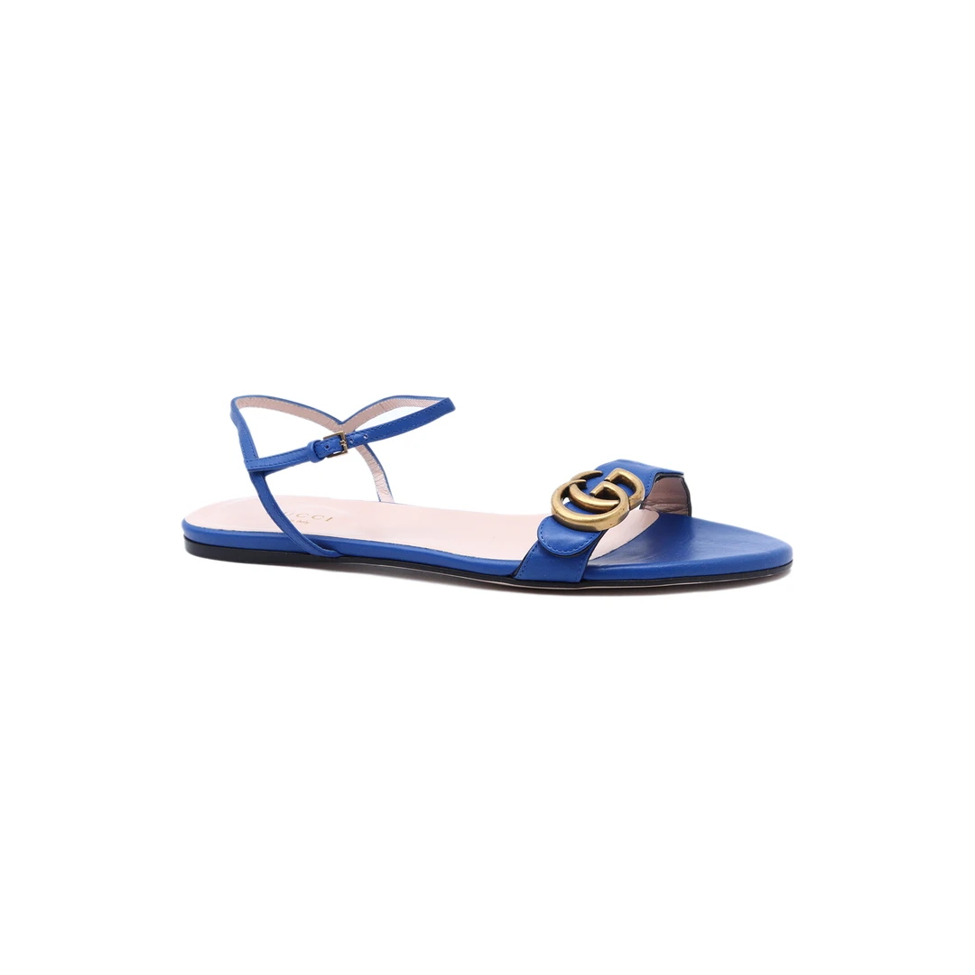 99新 GUCCI/古驰 活动GG 波浪一字带凉鞋 蓝色36码P231856238