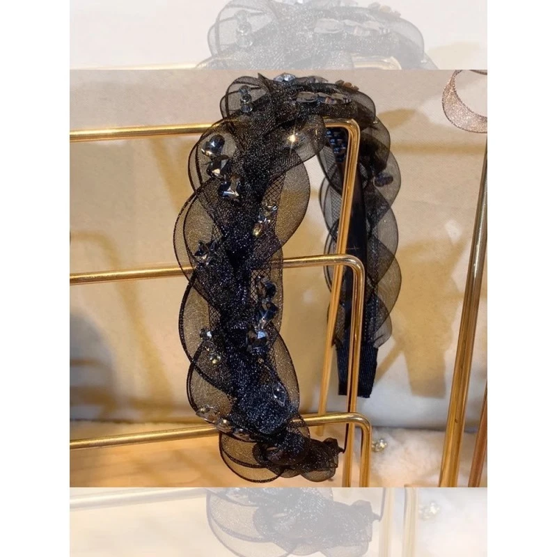 高级感黑色麻花辫网纱发箍水钻高颅顶气质发卡时尚百搭女头箍盘发