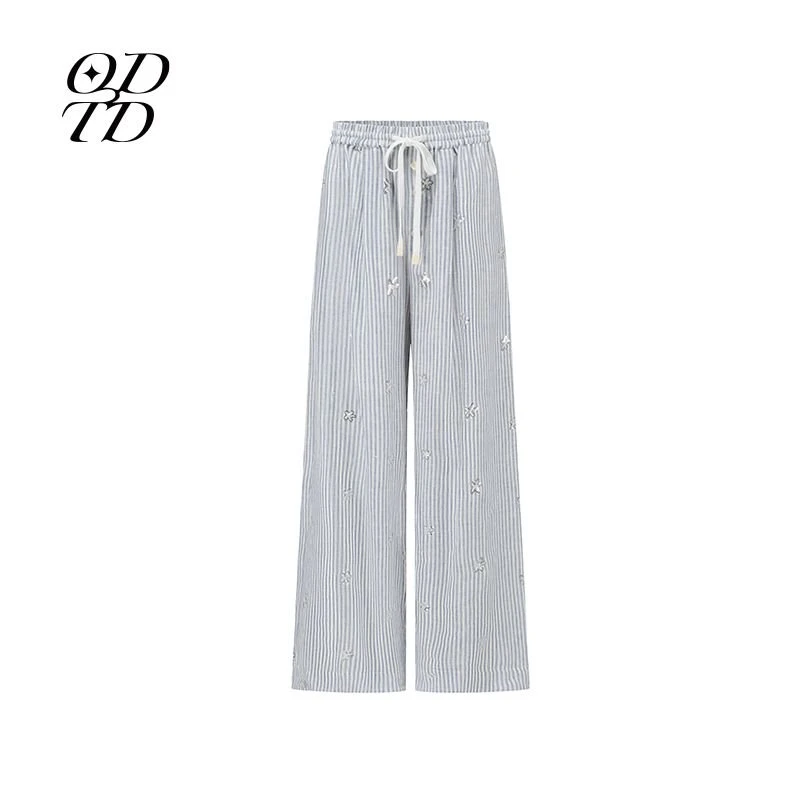 【ODTD】新品25春夏条纹珠片绣花阔腿长裤