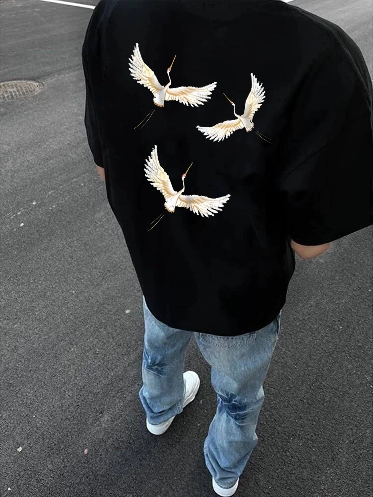 260g重磅100%纯棉国潮中式飞鹤休闲短袖t印花宽松体恤衫圆领上衣