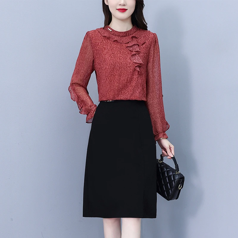 2992#春季新款时尚拼接收腰显瘦假两件红色碎花荷叶边黑色连衣裙