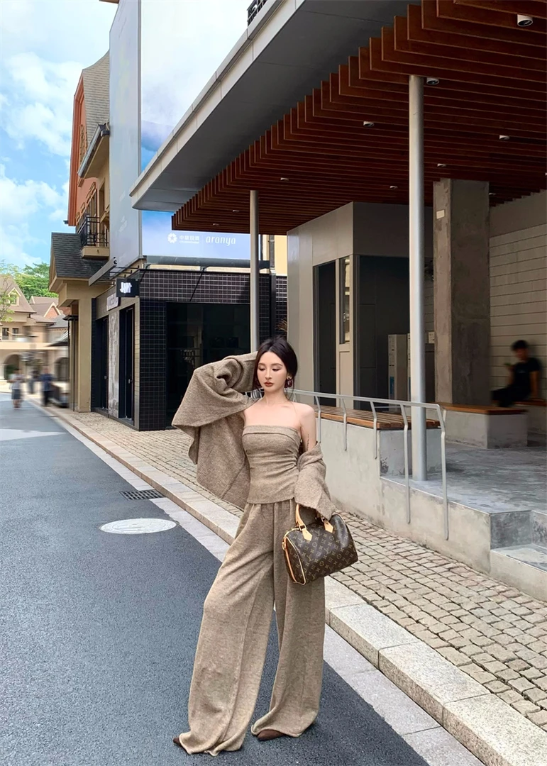 时尚美式辣妹套装慵懒风宽松针织开衫外套抹胸背心阔腿裤子66501#