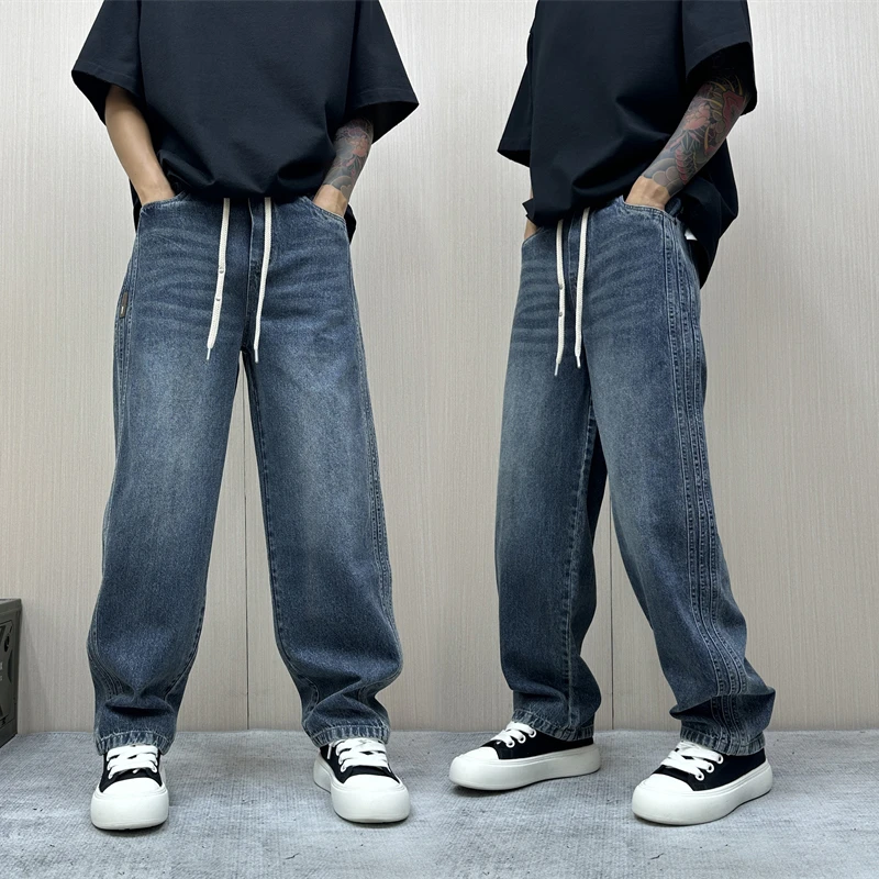 昊Studio秋季新款长裤复古裤秋季男款系带牛仔潮流时尚百搭牛仔裤