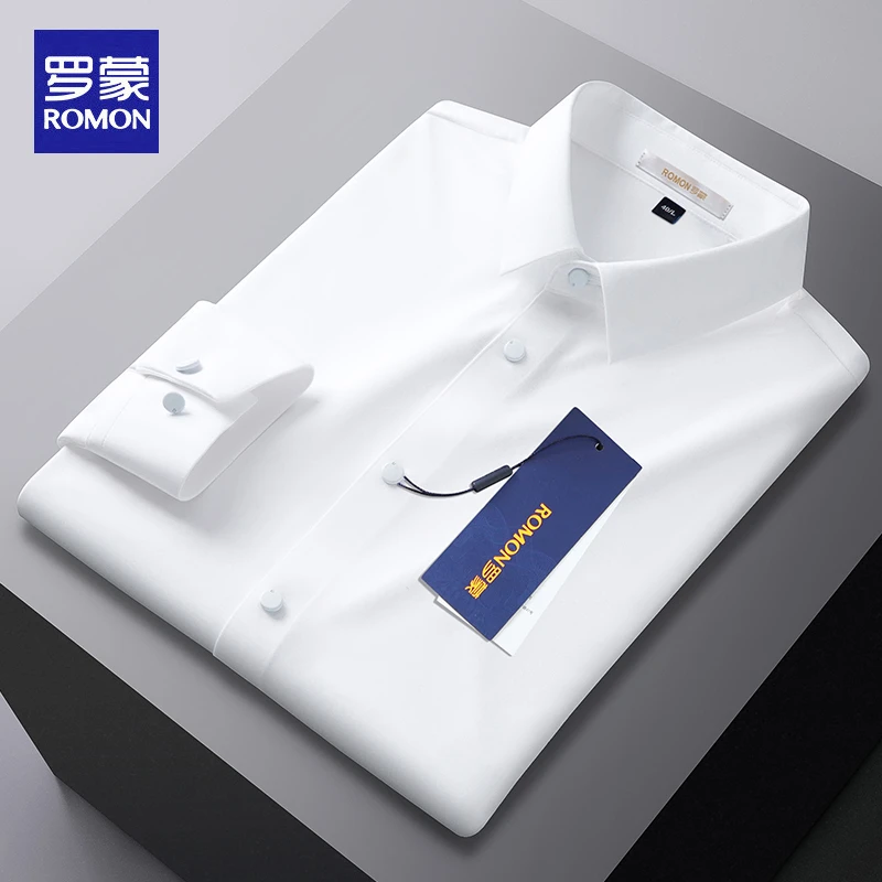 罗蒙高档男士长袖衬衫新款无痕免烫高级感男装抗皱商务白色衬衫