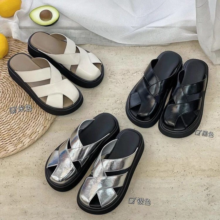 拖鞋女外穿包头拖2025夏季新款厚底休闲半拖时尚跟脚配裙子编织拖