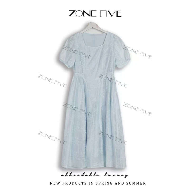 zonefive【冰川蓝调】糖色方块日常基础版型显白显瘦连衣裙