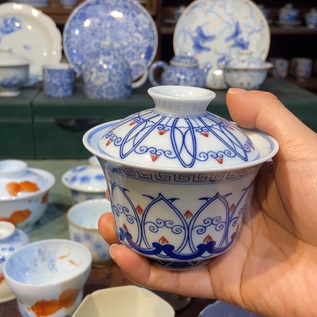 w雪山春晓红宝相盖碗