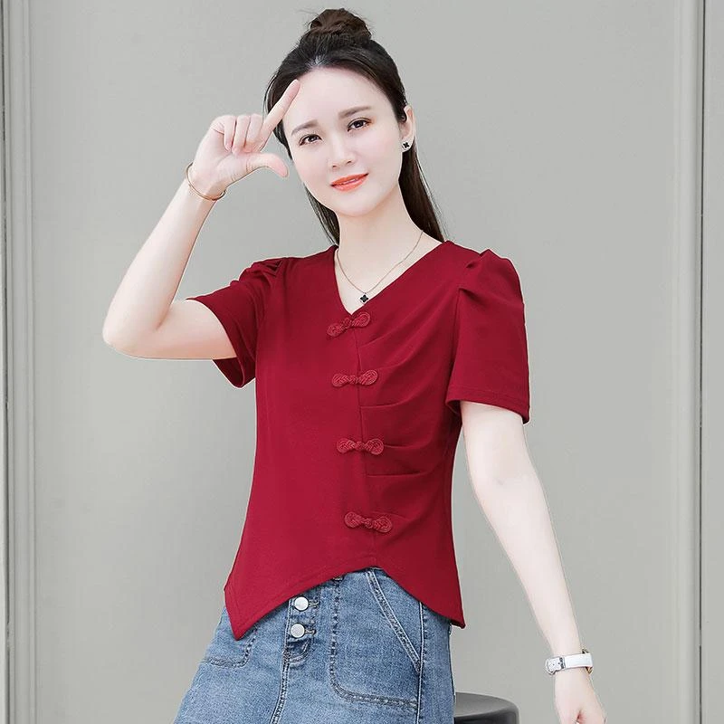 高含棉时尚短袖t恤女2025夏季新款洋气V领不规则显瘦减龄百搭上衣