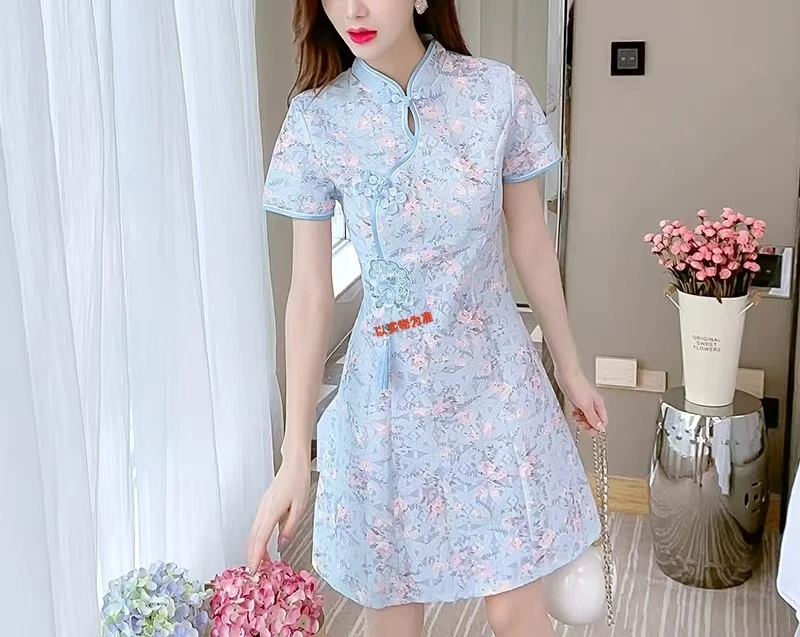 少女时尚A字裙碎花印花日常旗袍短袖中长款修身6221