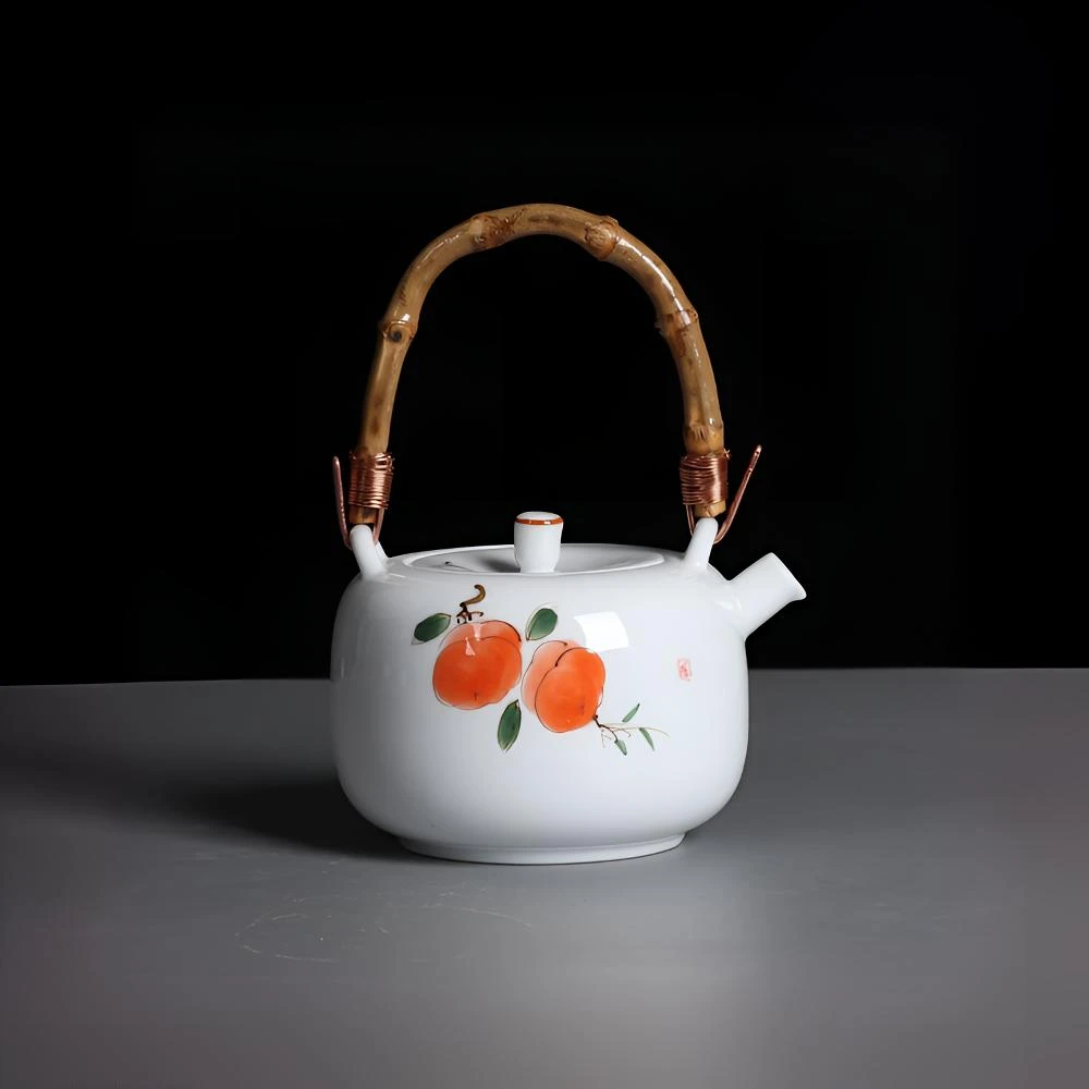 手工手绘柿子白瓷提梁壶茶具复古茶壶家用陶瓷中式家用办公泡茶