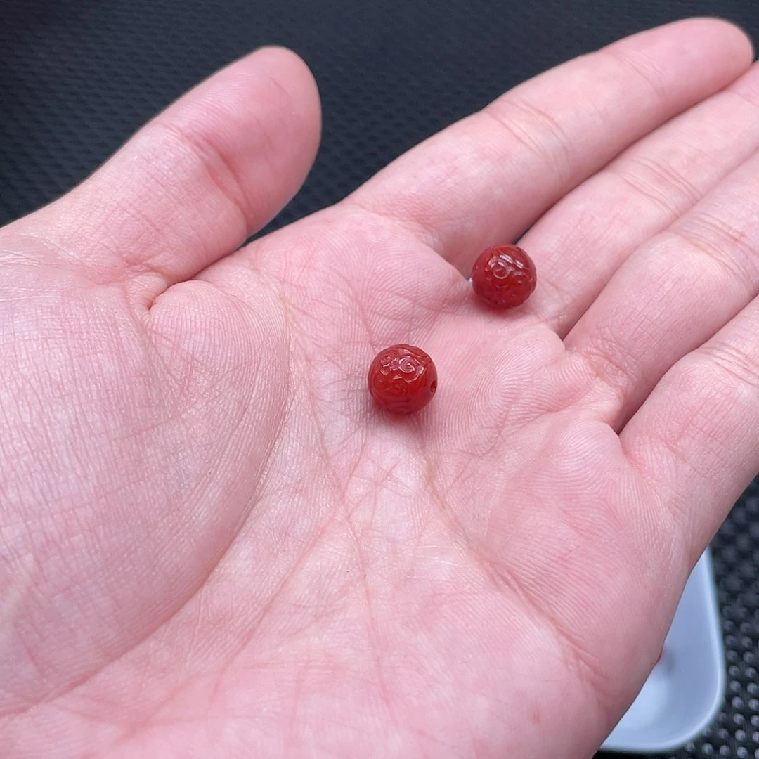 南红玛瑙9mm柿子红回纹珠一组2颗未镶嵌