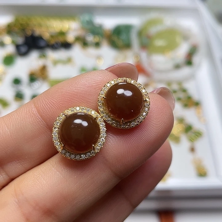 和田玉（糖玉）银S925镶嵌耳饰