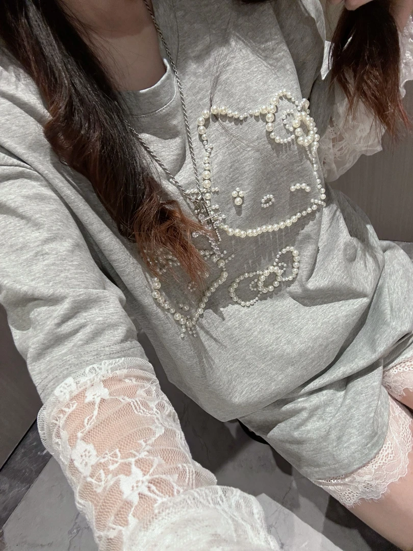 Run菲菲  灰色珍珠KT/小众原创设计款夏季休闲百搭手工钉珠短袖女