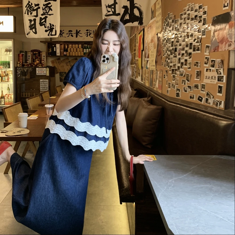 2025年夏季新款牛仔拼蕾丝花边两件套