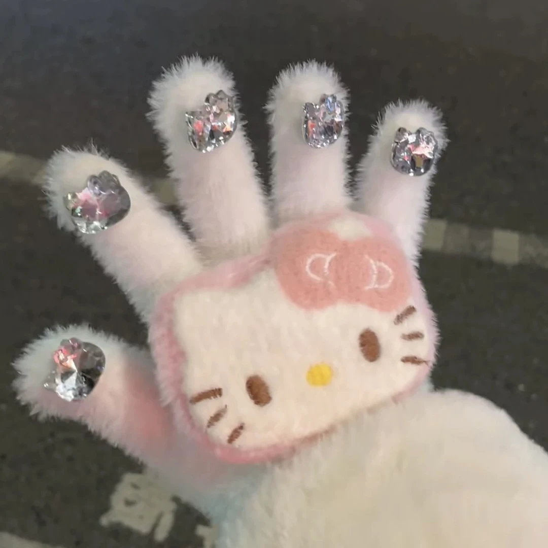 HelloKitty可爱毛绒手套秋冬闪钻五指分指骑行加厚保暖防寒手套