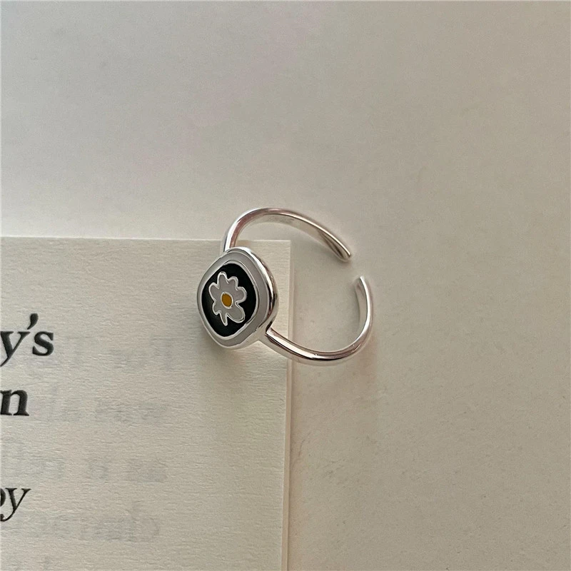 925银戒指 S925纯银韩式小众珐琅小花朵戒指女开口戒R163