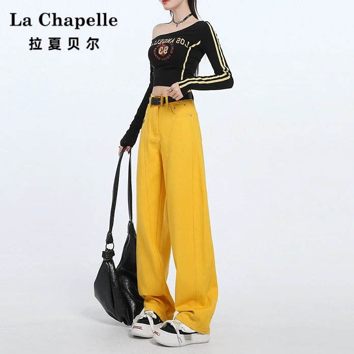 拉夏贝尔欧若风黄色直筒牛仔裤女2025春秋新款慵懒百搭显瘦阔腿裤