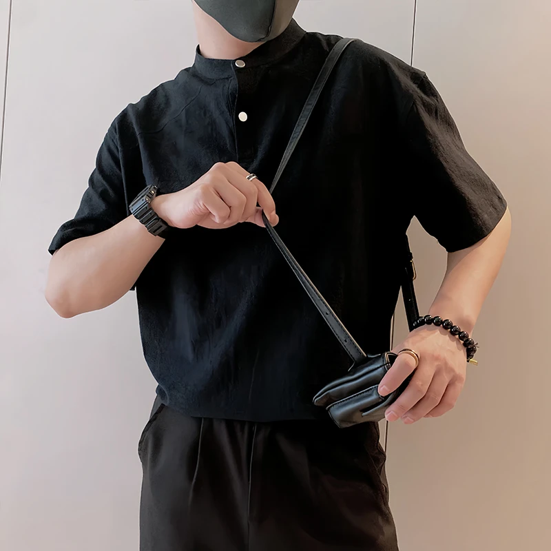 潮牌黑色立领男士短袖夏季时尚复古半袖潮流时尚百搭修身轻奢男装