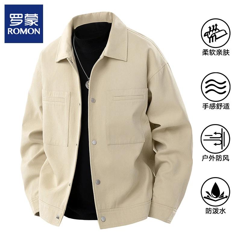 Romon/罗蒙纯棉翻领外套男士复古工装夹克春秋季宽松休闲纯色上衣