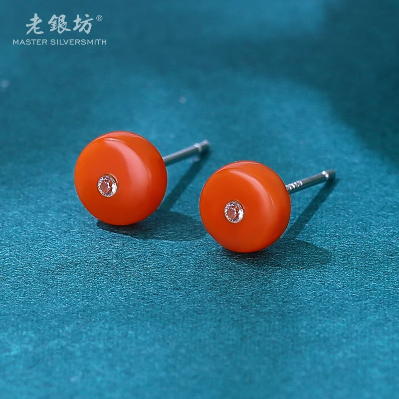 【老银坊】s925银南红纽扣镶锆耳钉 00111082