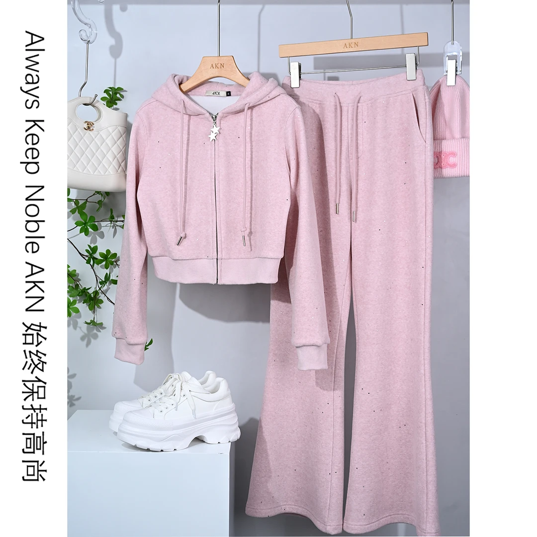 艾珂妮8142【常规版160-172】气质减龄休闲连帽开衫亮片卫衣套装