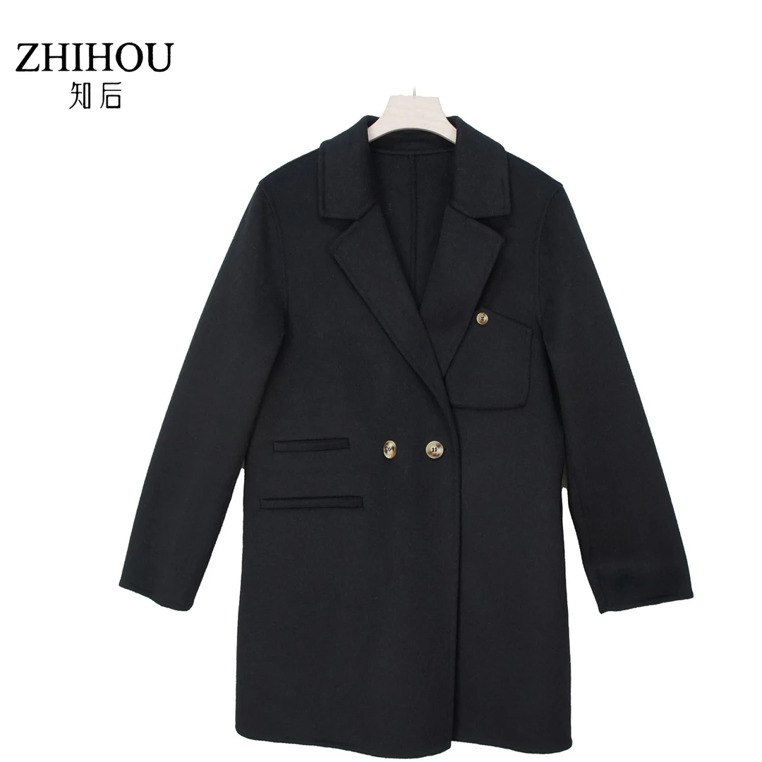 「ZHIHOU」DY6610时尚黑色翻领双扣个性口袋百搭款大衣