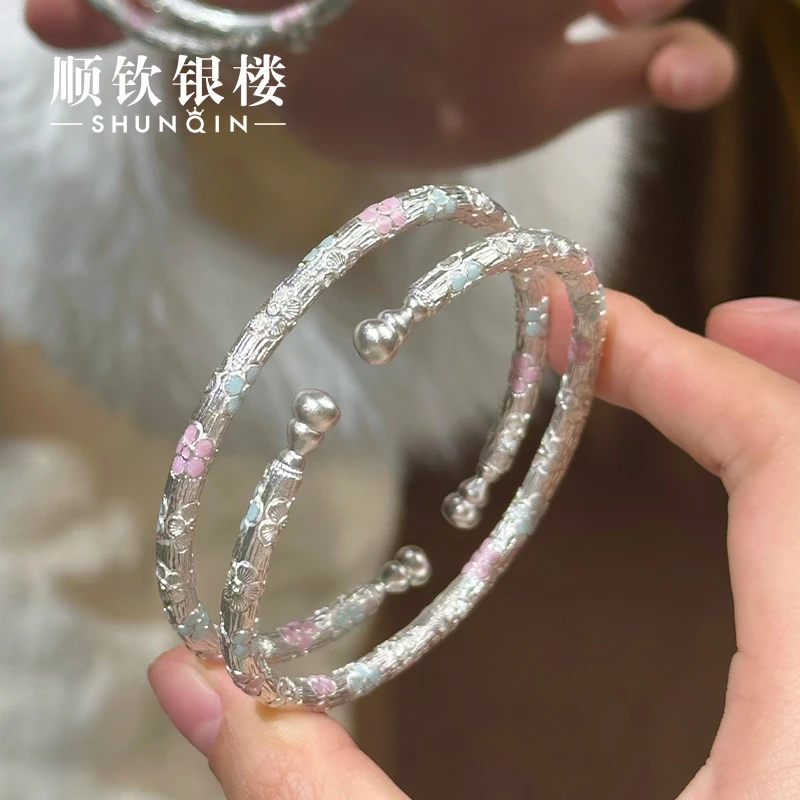 顺钦银楼 足银珐琅手镯 【探芳信手镯】足银999.9气质百搭春日手镯