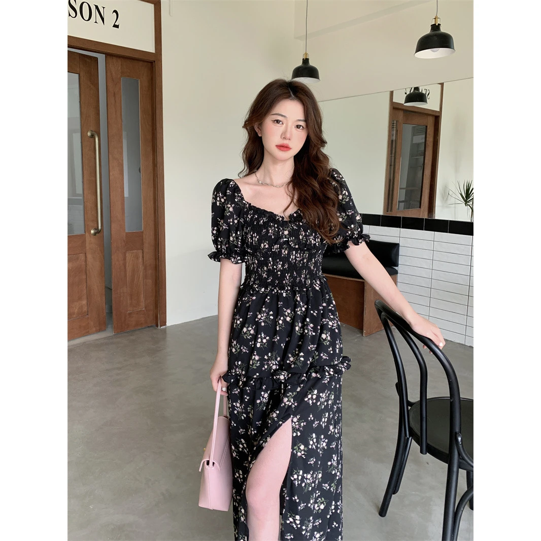欧若风碎花连衣裙女夏季新款法式高级感温柔开叉收腰显瘦黑色仙女