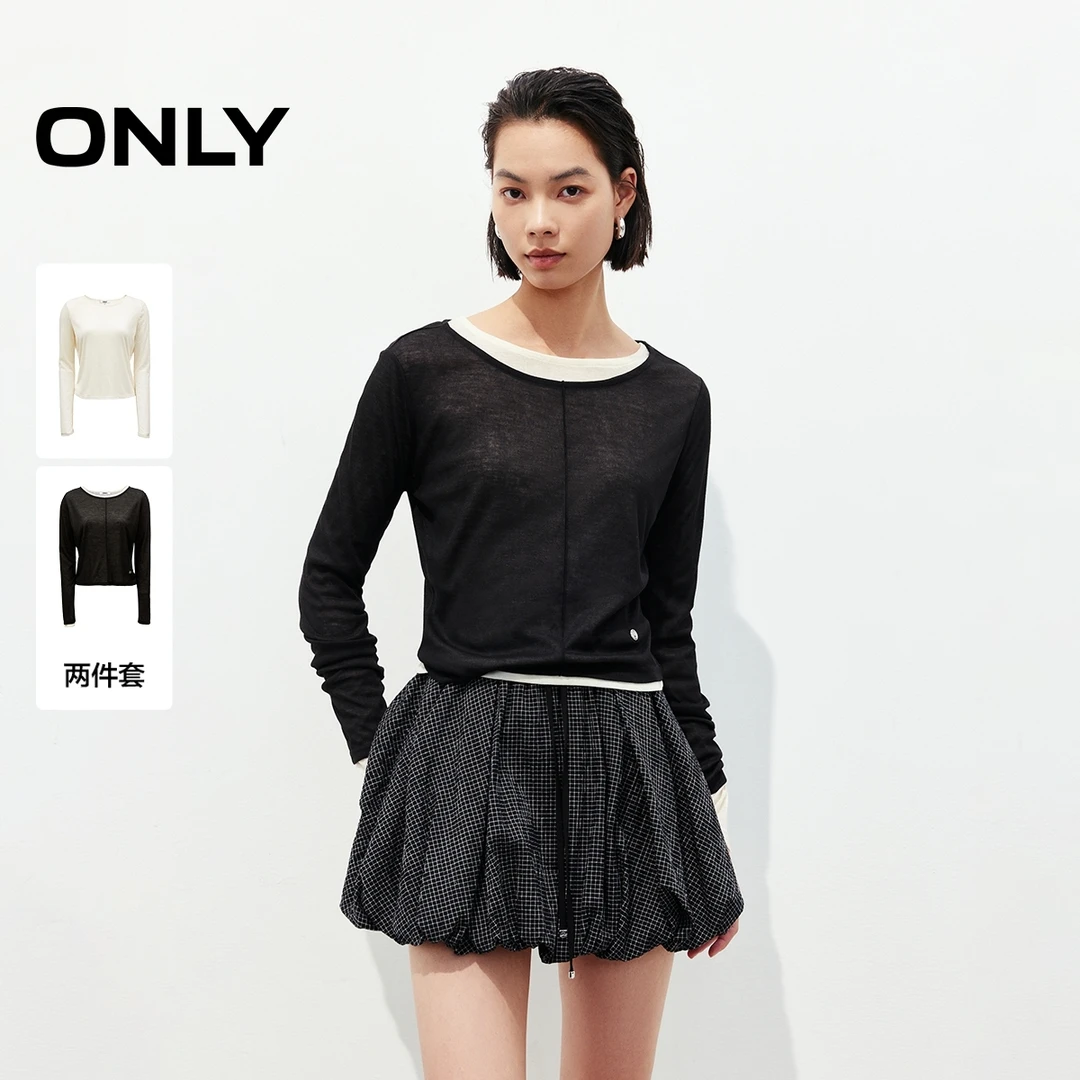 ONLY2025春季新款简约百搭修身套装圆领短款长袖T恤女|125102011