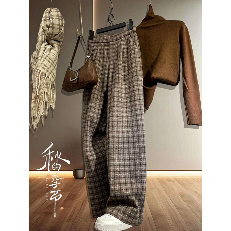 加绒咖色格纹休闲裤子女秋冬新款大码梨形身材显瘦毛呢直筒阔腿裤