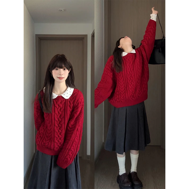 红色麻花针织毛衣女冬季新款圣诞穿搭宽松韩系时尚上衣显瘦半身裙