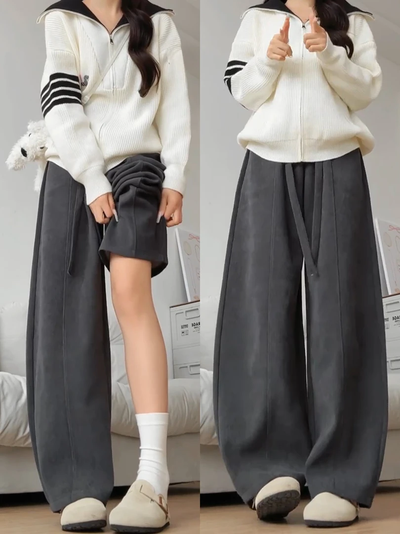 黑灰色慵懒感弯刀阔腿裤女胖mm宽松休闲梨型身材秋冬加绒运动卫裤