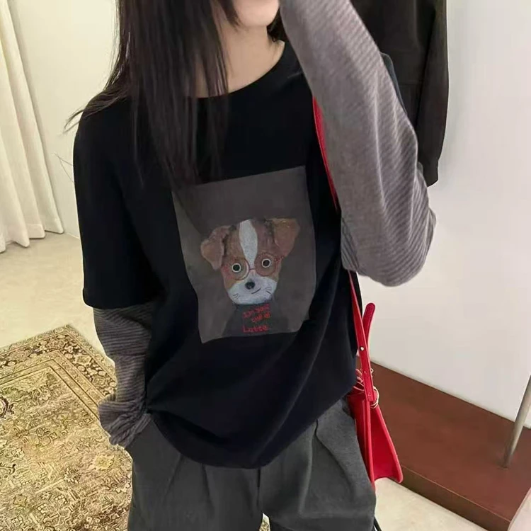 ID.sisters57730条纹拼接长袖T恤女2025秋冬磨毛宽松百搭圆领上衣