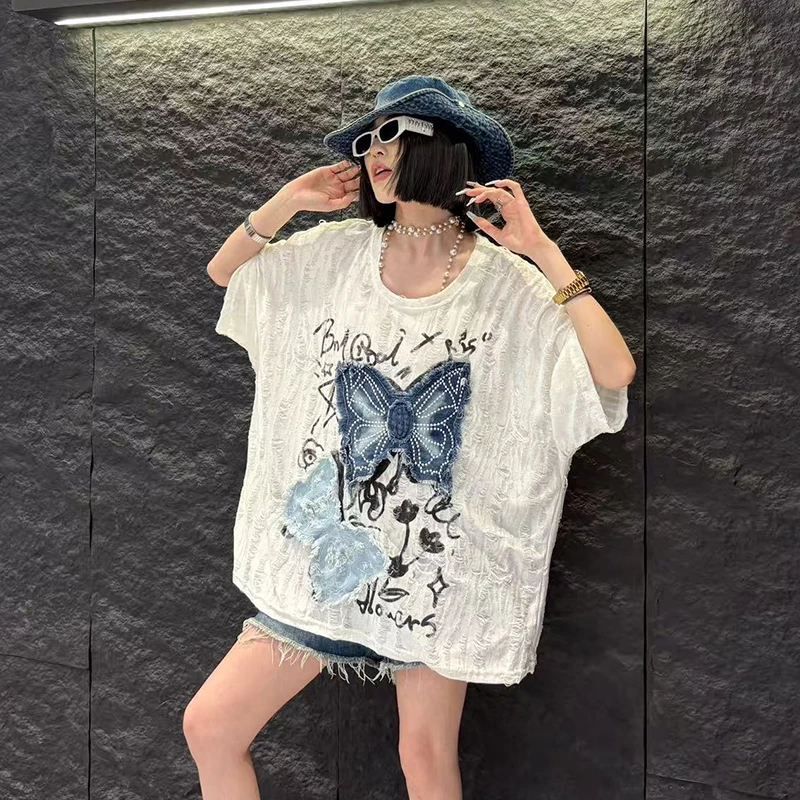 大码女装短袖T恤女胖mm中长款薄款休闲风白色圆领设计感夏装薄款