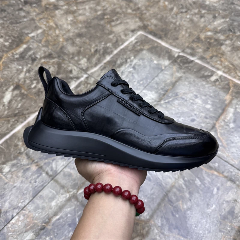 欧洲站男鞋秋季新款男士潮鞋头层牛皮厚底百搭透气舒适时尚休闲鞋