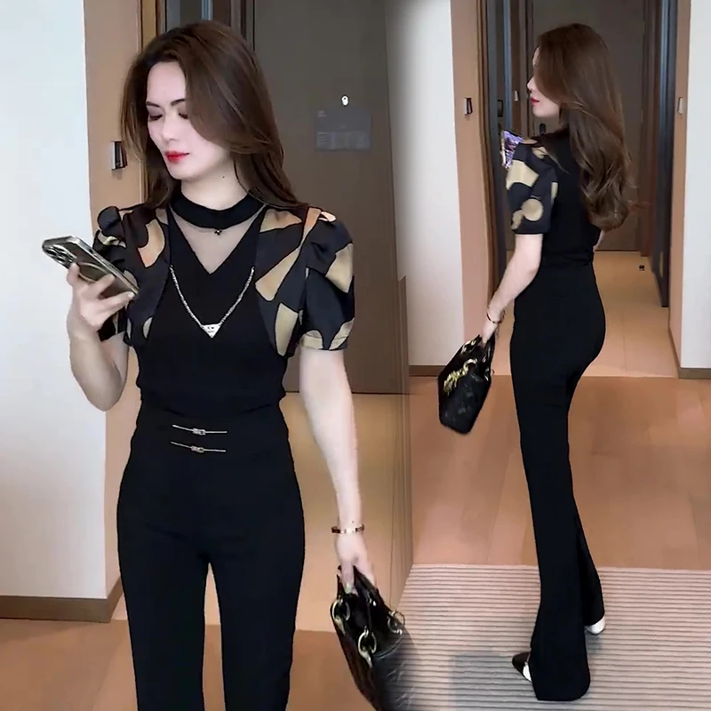 休闲印花套装网红常规款轻职风韩版减龄INS风短袖时尚T恤拼接2025