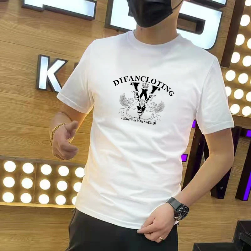 夏季新款纯棉体恤字母双狮皇冠印花短袖T恤男士修身潮流圆领上衣