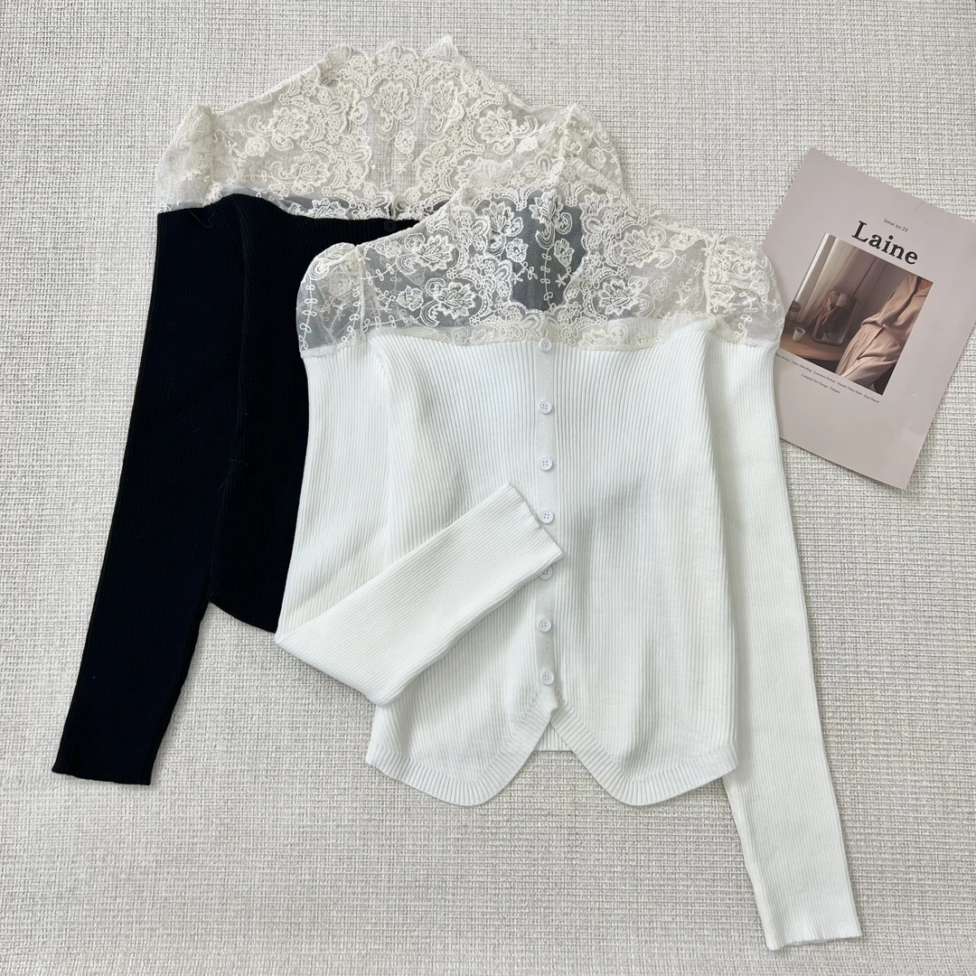 2026春秋季新款V领毛针织衫女蕾丝拼接打底衫高级感穿搭气质上衣