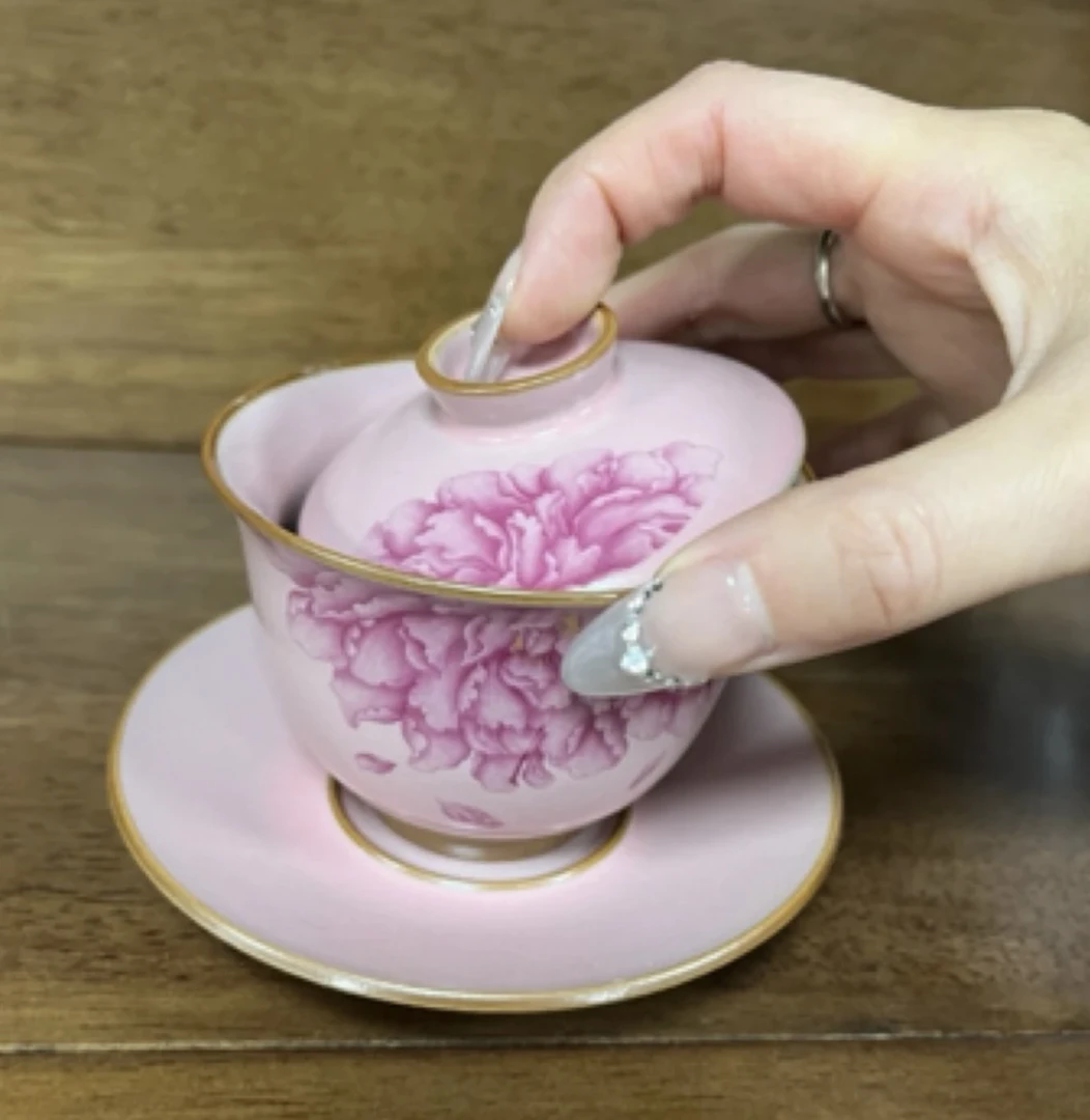 粉色汝窑牡丹三才碗女士专用功夫茶具泡茶碗家用陶瓷中式敬茶碗