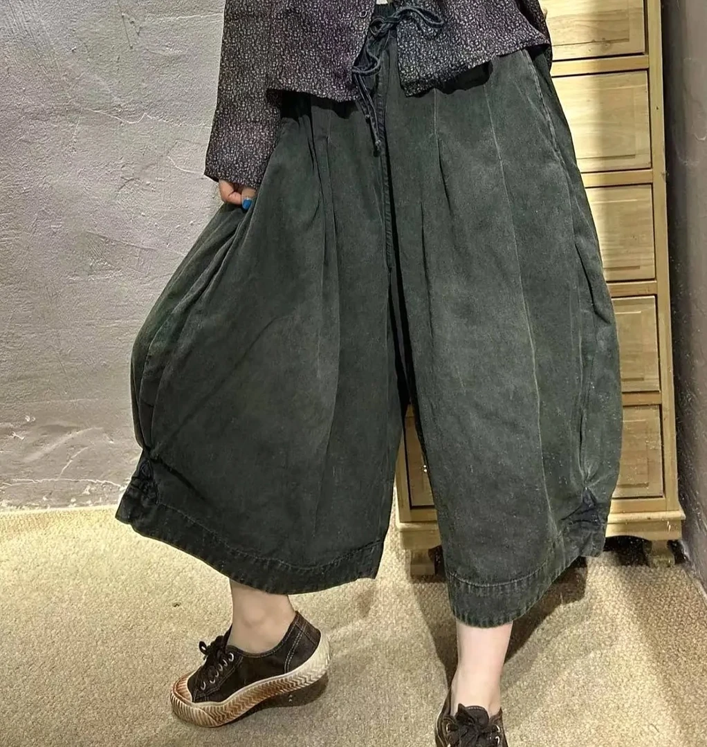 妤忆女装夏新品复古休闲宽松显瘦亚麻炒色松紧腰八分裤Kz8005