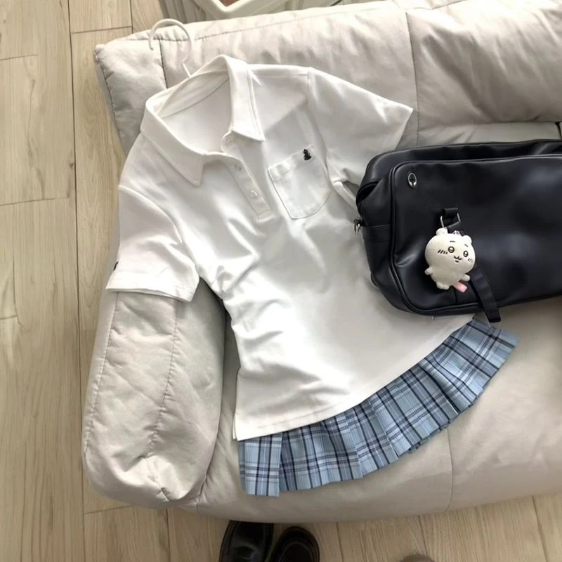 JK制服套装基础款收腰显瘦POLO衫日系校供感学生短袖格子短裙全套