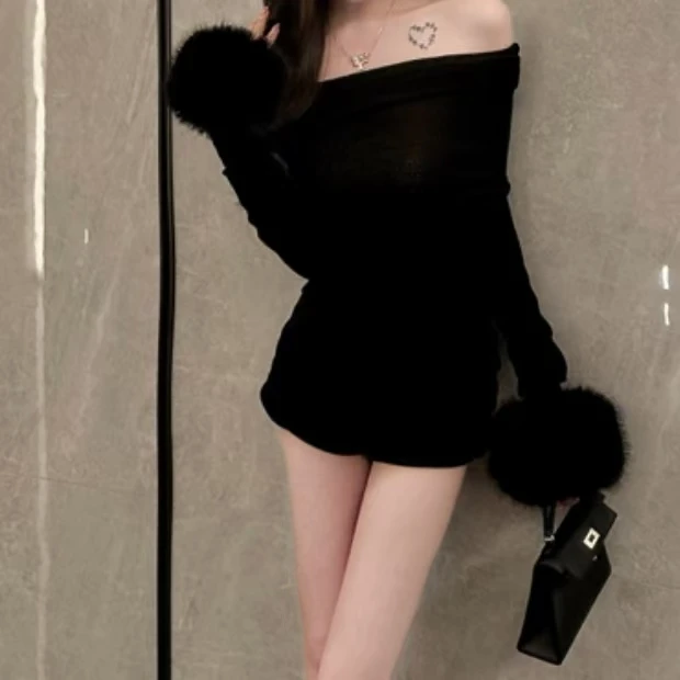 法式暗黑风名媛性感气质甜美辣妹斜肩修身长袖针织衫