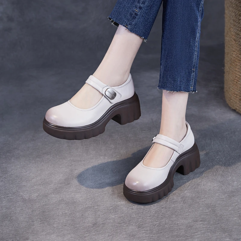 【千诗定制】头层牛皮玛丽珍鞋女士春夏新款白色浅口单鞋百搭小皮鞋